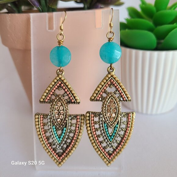 Handmade Aztec Theme Dangle Earrings Multi-Color Ladies Statement Event Festival - Picture 2 of 5